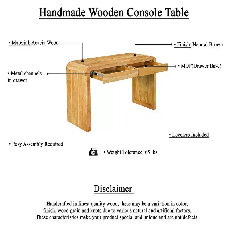 Royal Hampton Console Table | 43 Wide Top | Handcrafted Natural Acacia Wood | Dual Drawer Storage