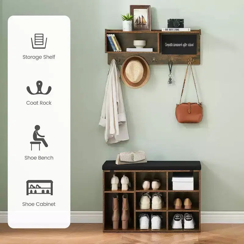 Acekool 31.5 Entryway Set - Wall Mount Coat Rack + Shoe Bench with Storage & Blackboard, Retro Design