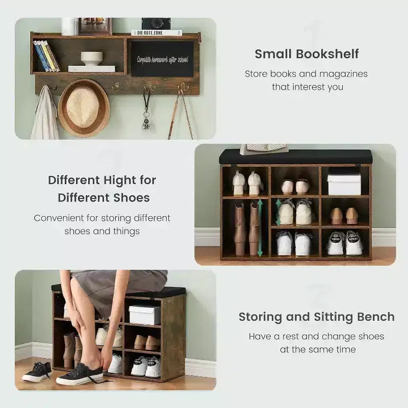Acekool 31.5 Entryway Set - Wall Mount Coat Rack + Shoe Bench with Storage & Blackboard, Retro Design