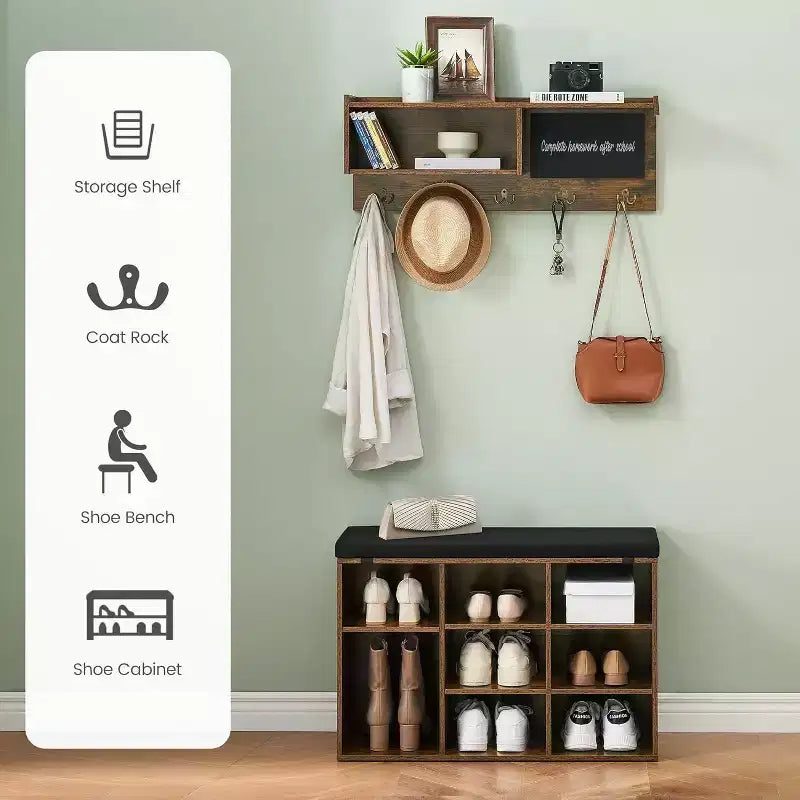 Acekool 31.5 Entryway Set - Wall Mount Coat Rack + Shoe Bench with Storage & Blackboard, Retro Design