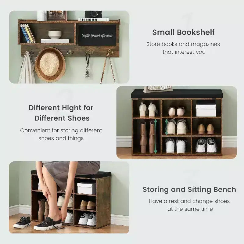 Acekool 31.5 Entryway Set - Wall Mount Coat Rack + Shoe Bench with Storage & Blackboard, Retro Design