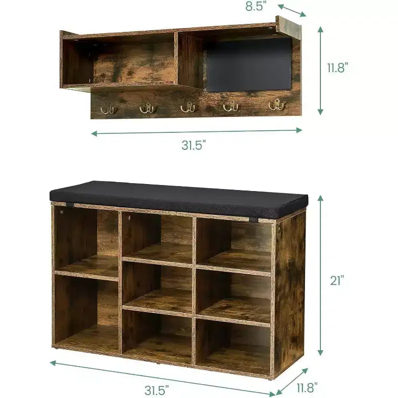 Acekool 31.5 Entryway Set - Wall Mount Coat Rack + Shoe Bench with Storage & Blackboard, Retro Design