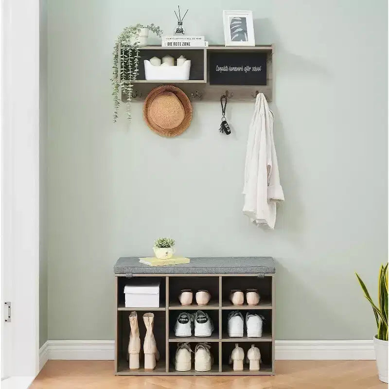 Acekool 31.5 Entryway Set - Wall Mount Coat Rack + Shoe Bench with Storage & Blackboard, Retro Design