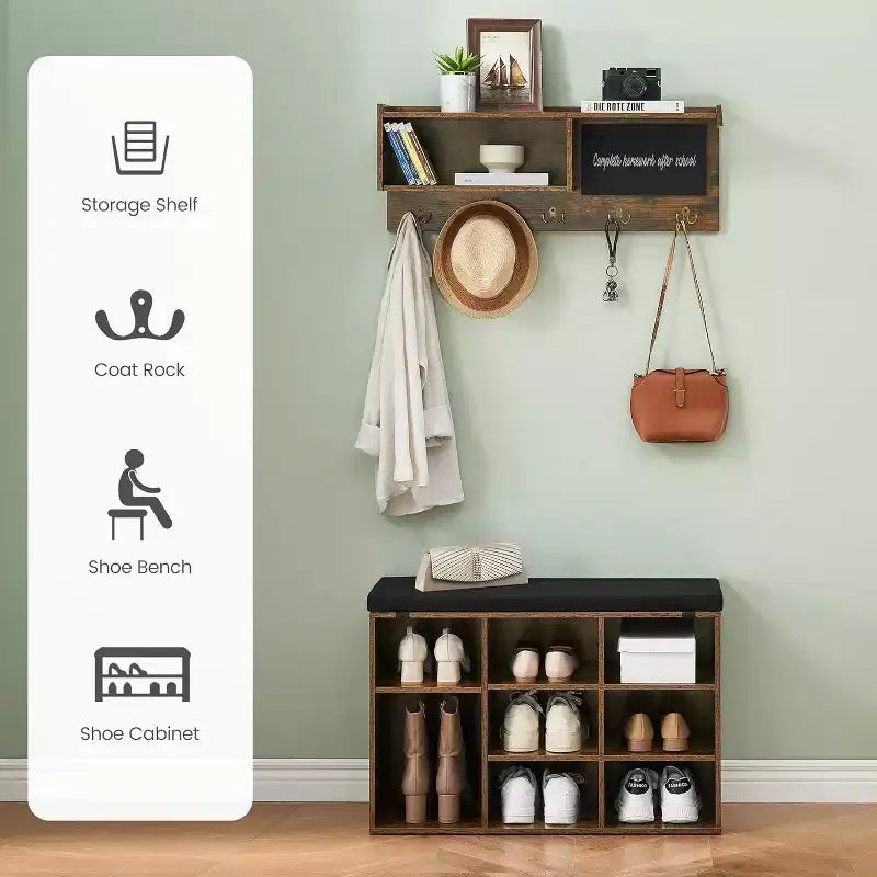 Acekool 31.5 Entryway Set - Wall Mount Coat Rack + Shoe Bench with Storage & Blackboard, Retro Design