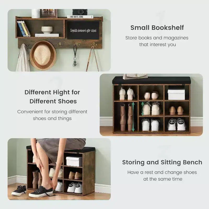 Acekool 31.5 Entryway Set - Wall Mount Coat Rack + Shoe Bench with Storage & Blackboard, Retro Design