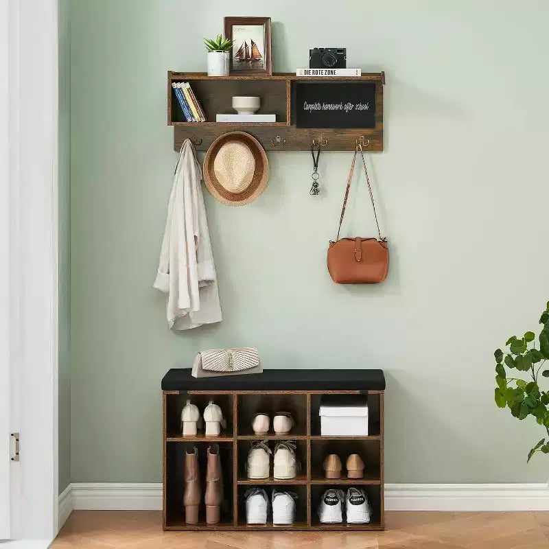 Acekool 31.5 Entryway Set - Wall Mount Coat Rack + Shoe Bench with Storage & Blackboard, Retro Design