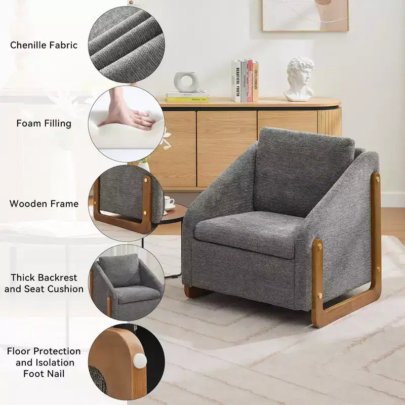 Zeus & Ruta Modern Chenille Fabric Modern Upholstered Armchair with Wooden Side Frame, Cushioned Seat & Backrest