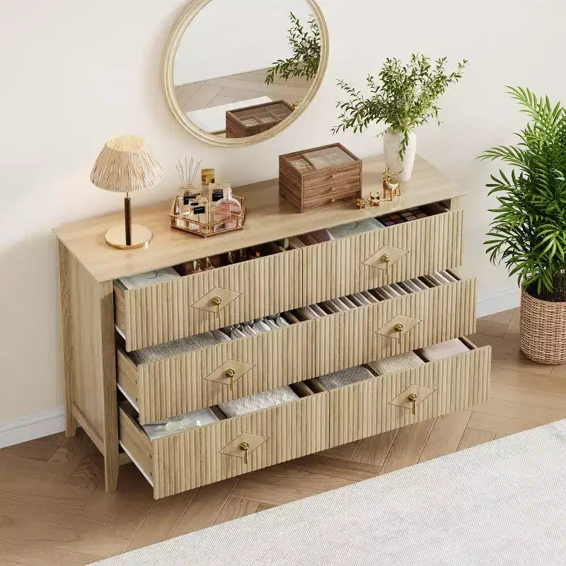 6 Drawer Dresser for Bedroom, 54W Wooden Chest of Drawers with Metal Handles, Fluted Clothes Storage Organizer, Dresser TV Stand for Hallway