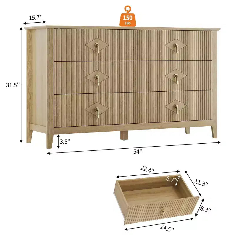 6 Drawer Dresser for Bedroom, 54W Wooden Chest of Drawers with Metal Handles, Fluted Clothes Storage Organizer, Dresser TV Stand for Hallway