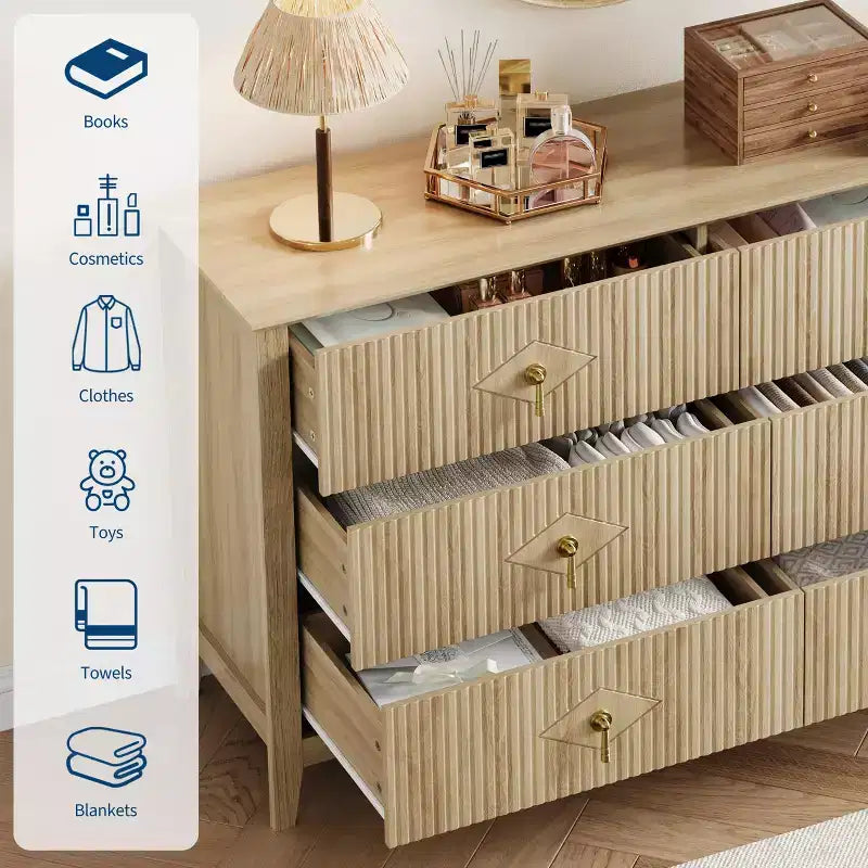 6 Drawer Dresser for Bedroom, 54W Wooden Chest of Drawers with Metal Handles, Fluted Clothes Storage Organizer, Dresser TV Stand for Hallway