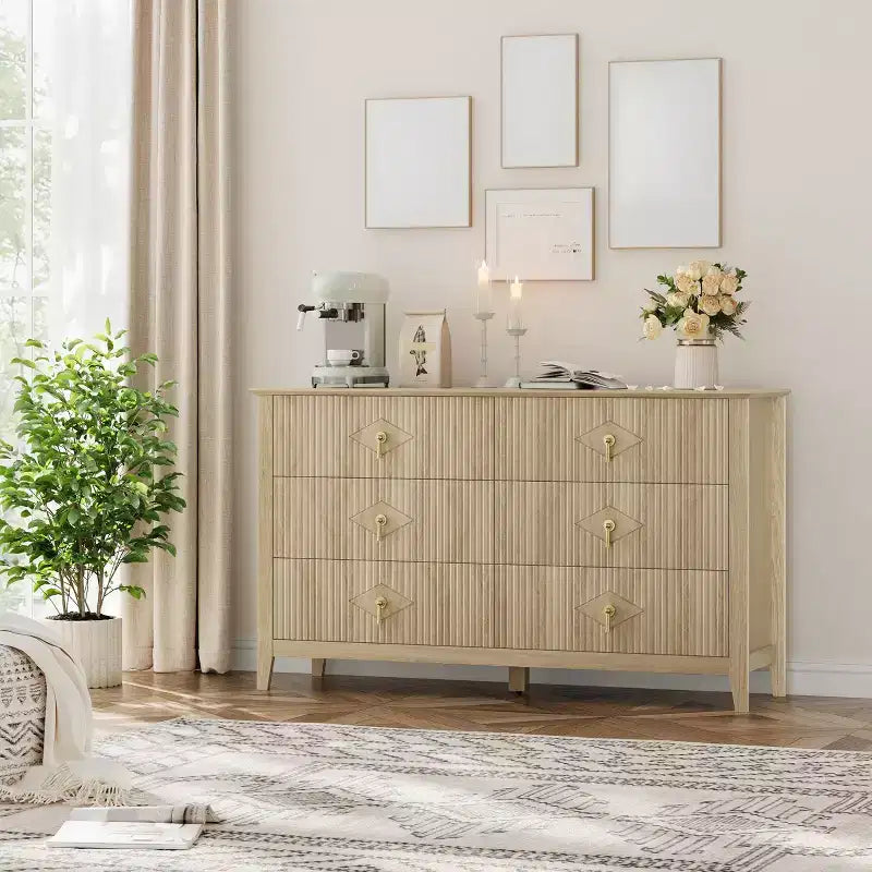 6 Drawer Dresser for Bedroom, 54W Wooden Chest of Drawers with Metal Handles, Fluted Clothes Storage Organizer, Dresser TV Stand for Hallway