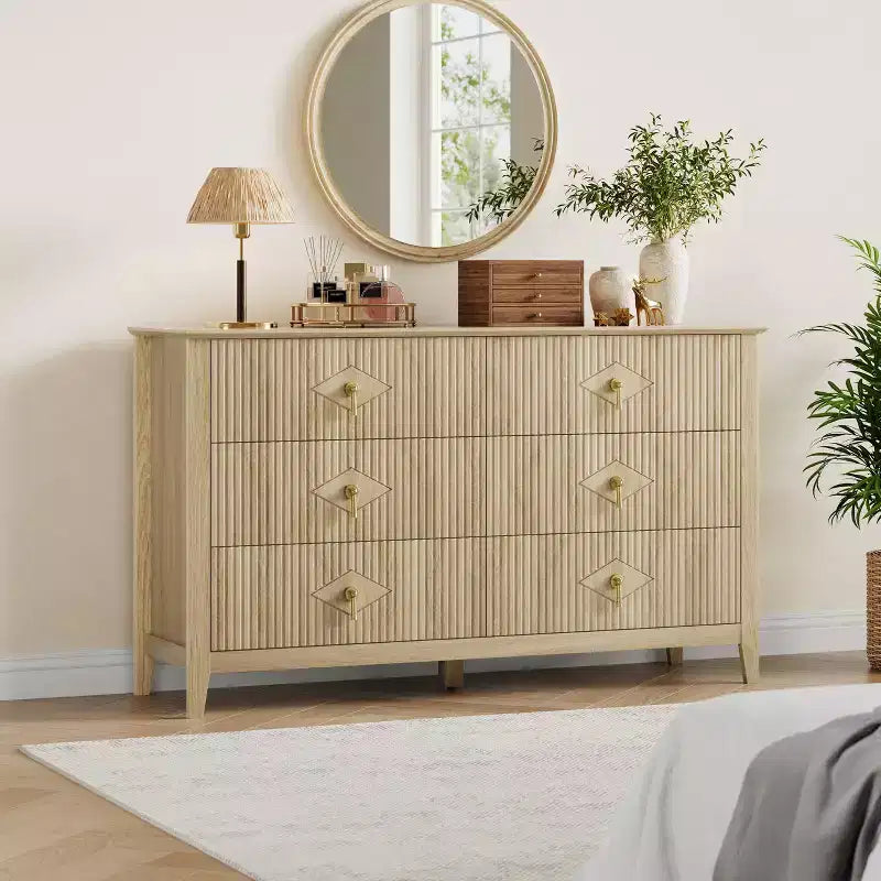 6 Drawer Dresser for Bedroom, 54W Wooden Chest of Drawers with Metal Handles, Fluted Clothes Storage Organizer, Dresser TV Stand for Hallway