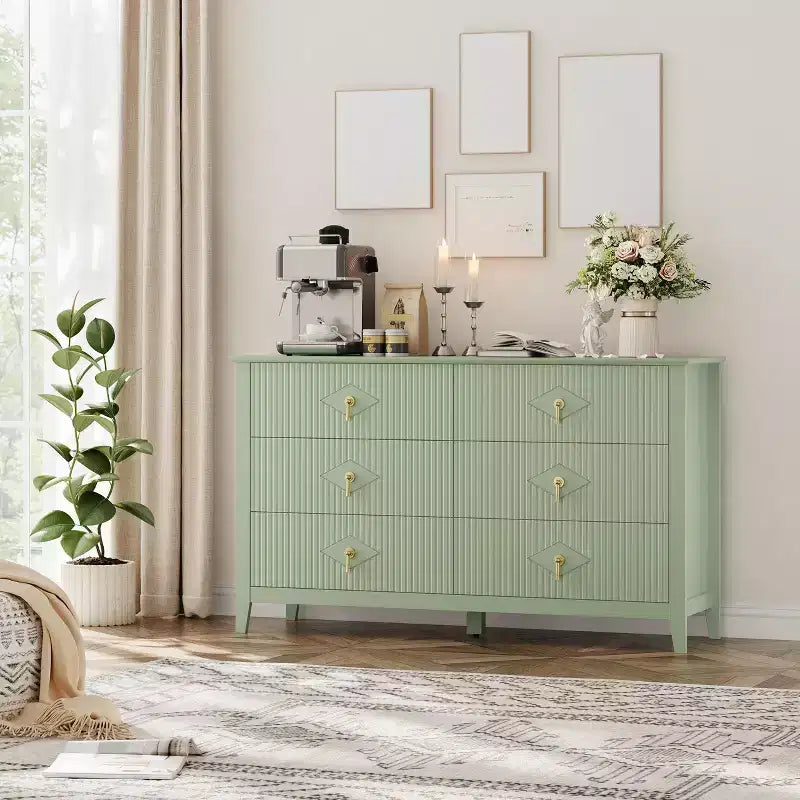 6 Drawer Dresser for Bedroom, 54W Wooden Chest of Drawers with Metal Handles, Fluted Clothes Storage Organizer, Dresser TV Stand for Hallway