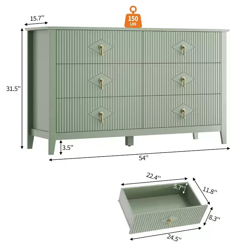 6 Drawer Dresser for Bedroom, 54W Wooden Chest of Drawers with Metal Handles, Fluted Clothes Storage Organizer, Dresser TV Stand for Hallway