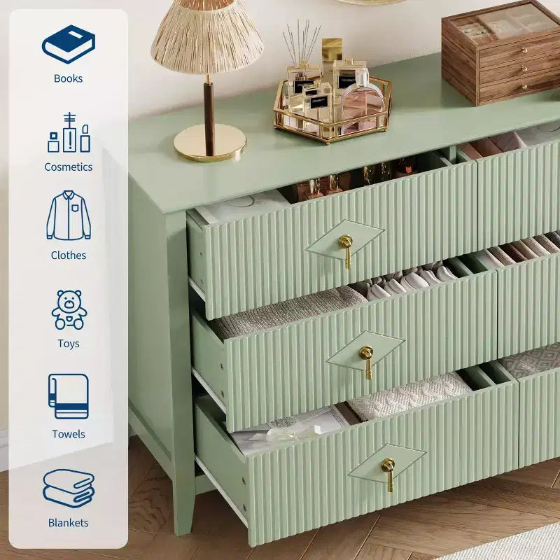 6 Drawer Dresser for Bedroom, 54W Wooden Chest of Drawers with Metal Handles, Fluted Clothes Storage Organizer, Dresser TV Stand for Hallway