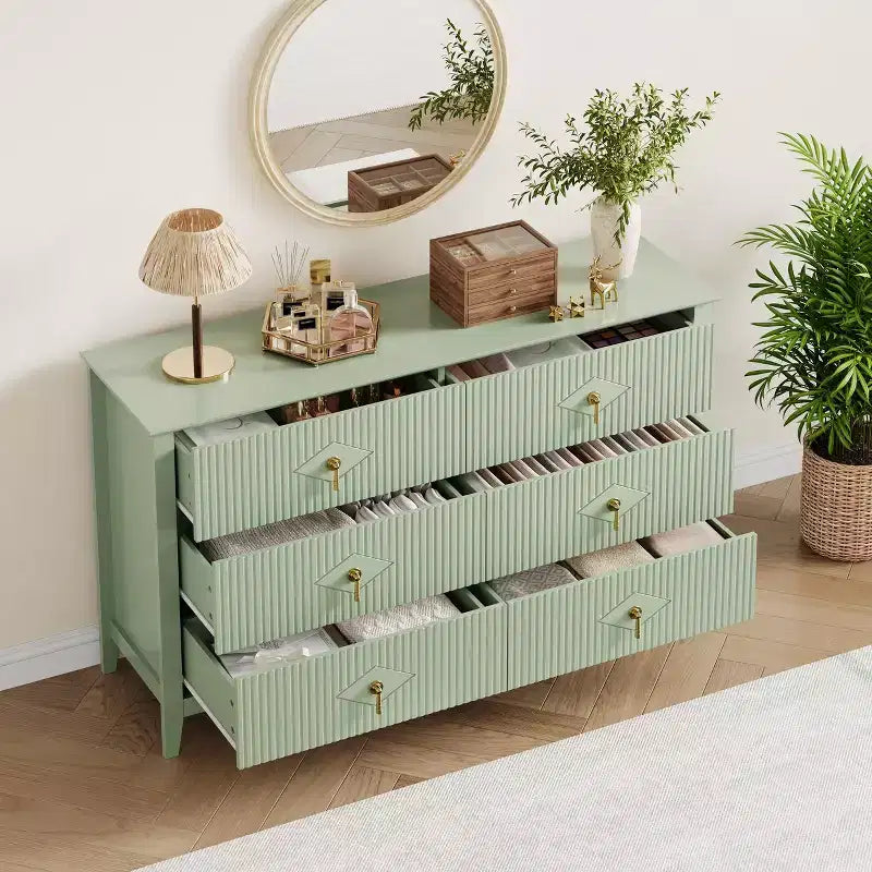 6 Drawer Dresser for Bedroom, 54W Wooden Chest of Drawers with Metal Handles, Fluted Clothes Storage Organizer, Dresser TV Stand for Hallway