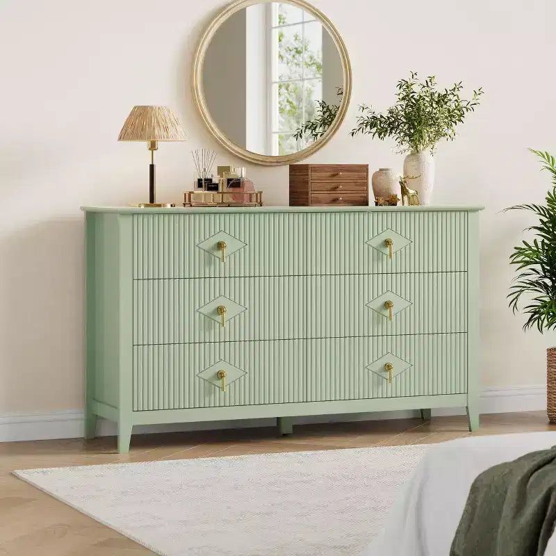 6 Drawer Dresser for Bedroom, 54W Wooden Chest of Drawers with Metal Handles, Fluted Clothes Storage Organizer, Dresser TV Stand for Hallway