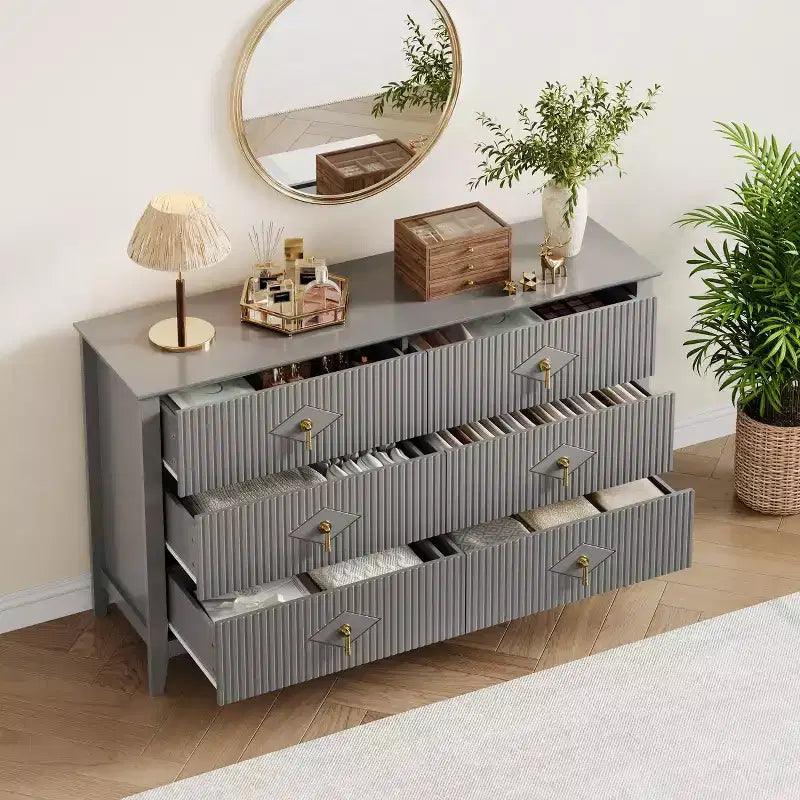 6 Drawer Dresser for Bedroom, 54W Wooden Chest of Drawers with Metal Handles, Fluted Clothes Storage Organizer, Dresser TV Stand for Hallway