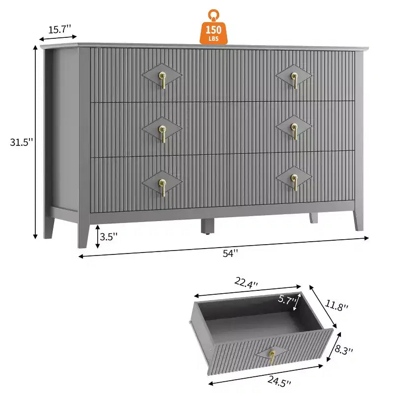 6 Drawer Dresser for Bedroom, 54W Wooden Chest of Drawers with Metal Handles, Fluted Clothes Storage Organizer, Dresser TV Stand for Hallway