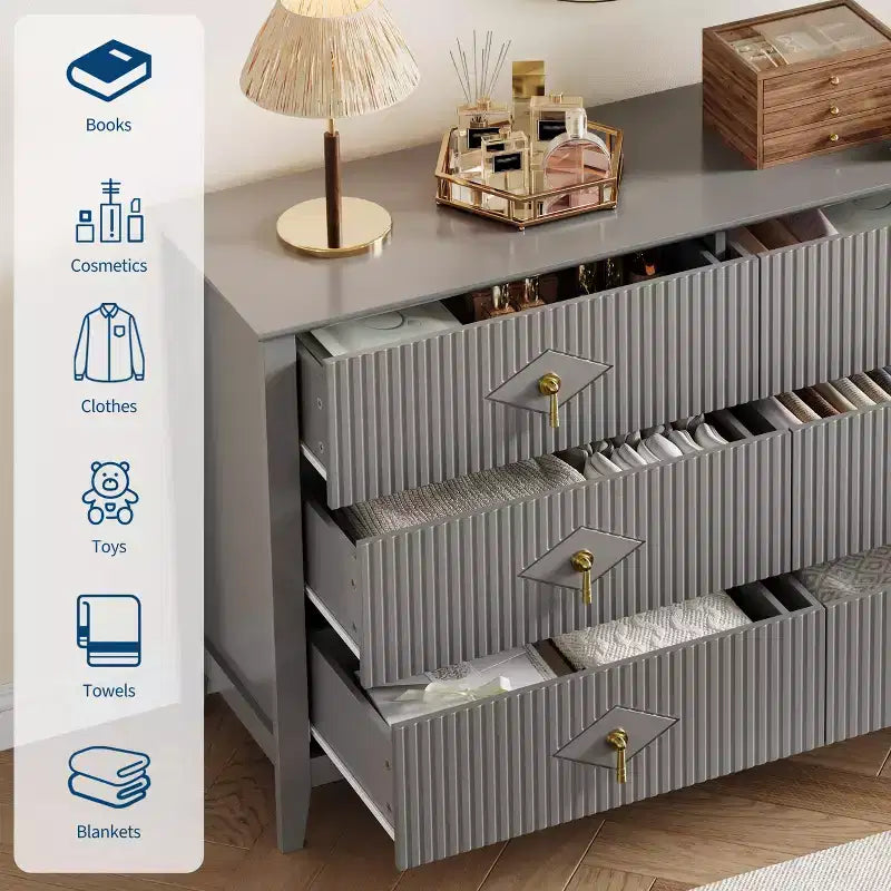 6 Drawer Dresser for Bedroom, 54W Wooden Chest of Drawers with Metal Handles, Fluted Clothes Storage Organizer, Dresser TV Stand for Hallway