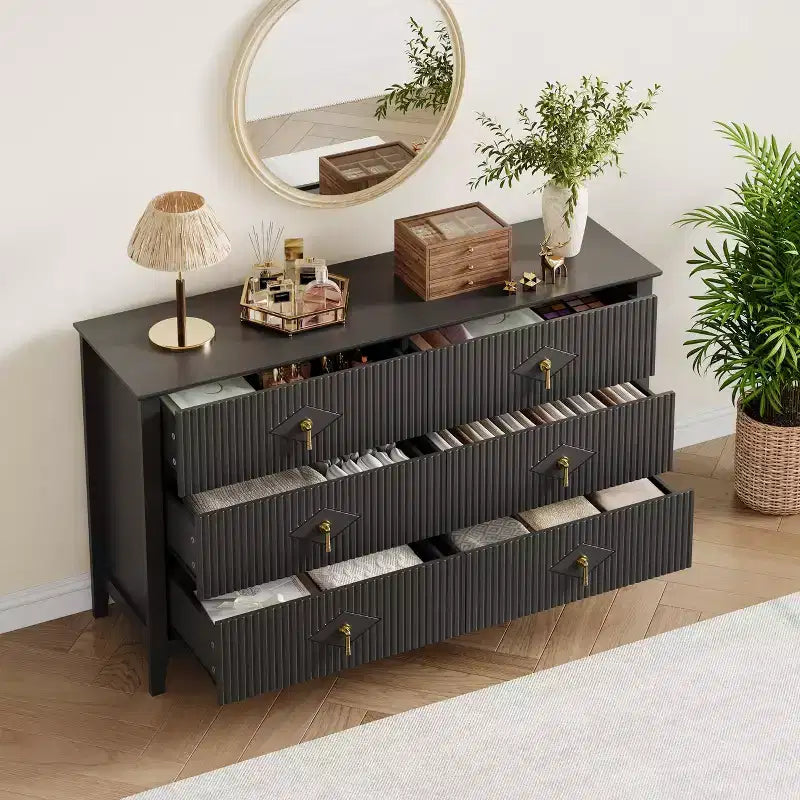 6 Drawer Dresser for Bedroom, 54W Wooden Chest of Drawers with Metal Handles, Fluted Clothes Storage Organizer, Dresser TV Stand for Hallway