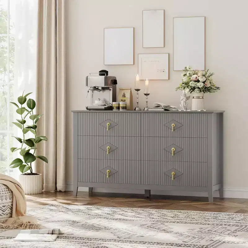 6 Drawer Dresser for Bedroom, 54W Wooden Chest of Drawers with Metal Handles, Fluted Clothes Storage Organizer, Dresser TV Stand for Hallway