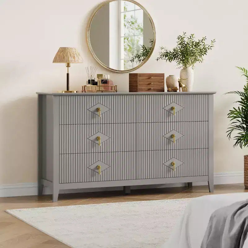 6 Drawer Dresser for Bedroom, 54W Wooden Chest of Drawers with Metal Handles, Fluted Clothes Storage Organizer, Dresser TV Stand for Hallway