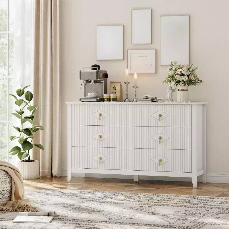 6 Drawer Dresser for Bedroom, 54W Wooden Chest of Drawers with Metal Handles, Fluted Clothes Storage Organizer, Dresser TV Stand for Hallway