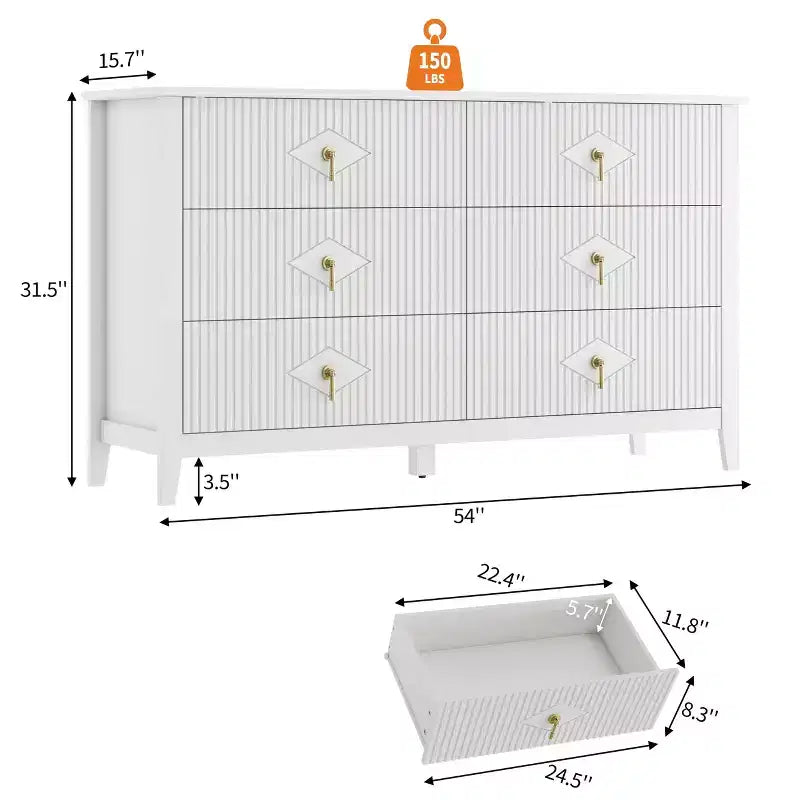 6 Drawer Dresser for Bedroom, 54W Wooden Chest of Drawers with Metal Handles, Fluted Clothes Storage Organizer, Dresser TV Stand for Hallway