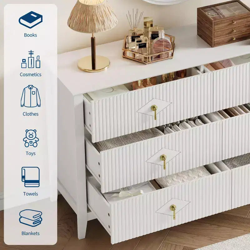 6 Drawer Dresser for Bedroom, 54W Wooden Chest of Drawers with Metal Handles, Fluted Clothes Storage Organizer, Dresser TV Stand for Hallway