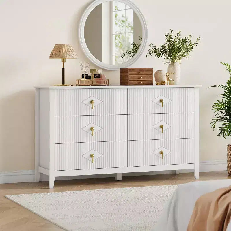 6 Drawer Dresser for Bedroom, 54W Wooden Chest of Drawers with Metal Handles, Fluted Clothes Storage Organizer, Dresser TV Stand for Hallway