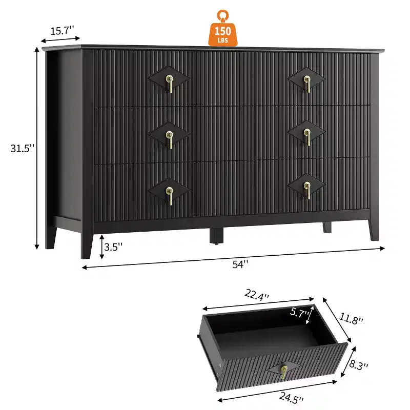6 Drawer Dresser for Bedroom, 54W Wooden Chest of Drawers with Metal Handles, Fluted Clothes Storage Organizer, Dresser TV Stand for Hallway