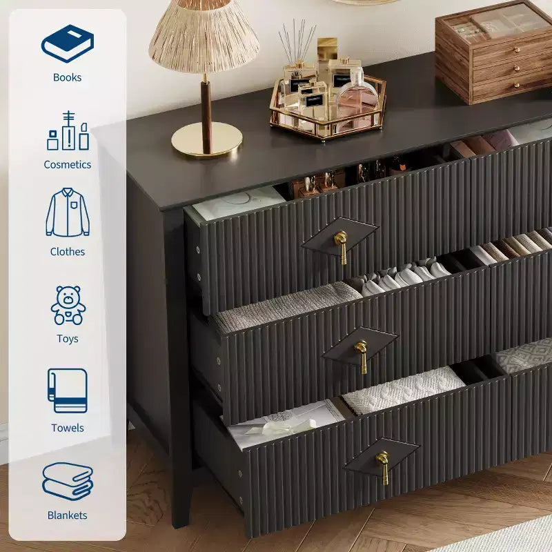 6 Drawer Dresser for Bedroom, 54W Wooden Chest of Drawers with Metal Handles, Fluted Clothes Storage Organizer, Dresser TV Stand for Hallway