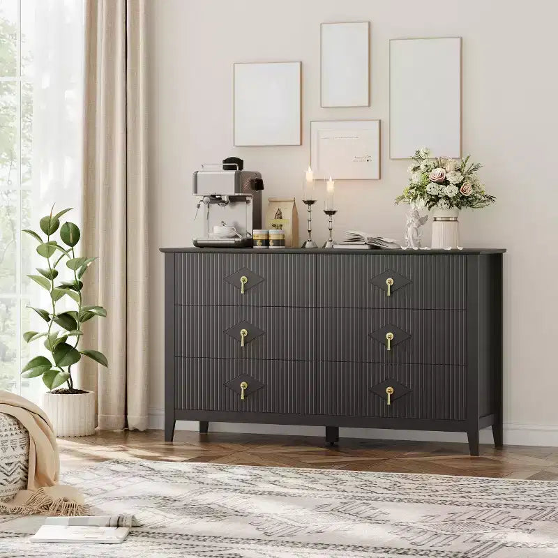 6 Drawer Dresser for Bedroom, 54W Wooden Chest of Drawers with Metal Handles, Fluted Clothes Storage Organizer, Dresser TV Stand for Hallway