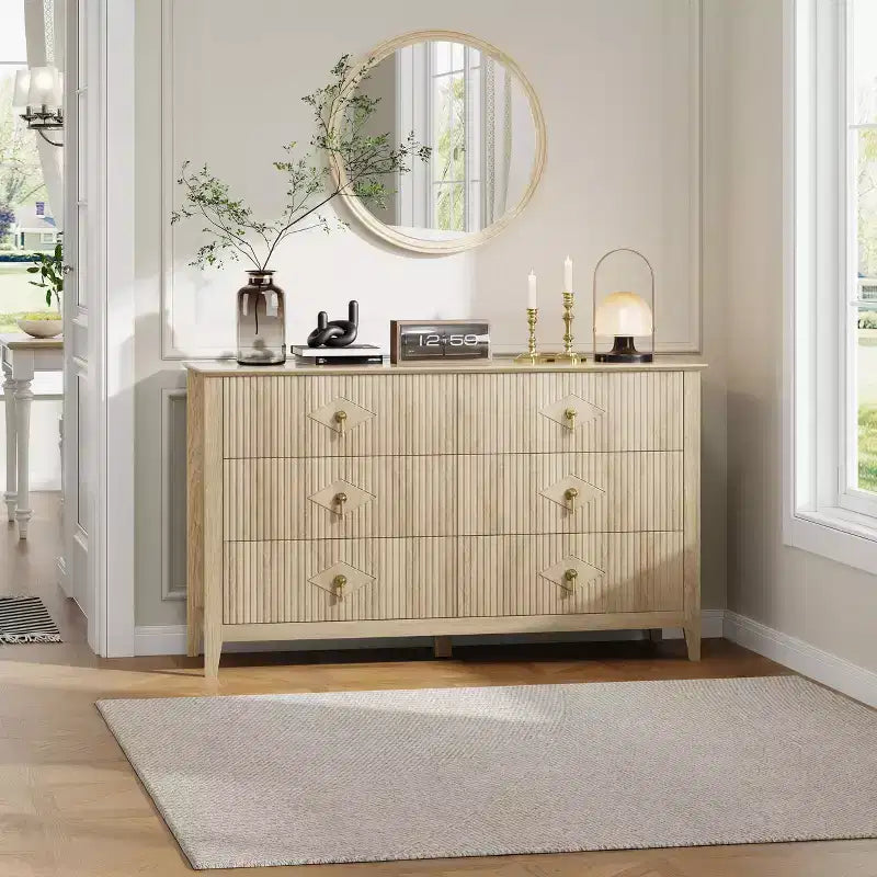 6 Drawer Dresser for Bedroom, 54W Wooden Chest of Drawers with Metal Handles, Fluted Clothes Storage Organizer, Dresser TV Stand for Hallway