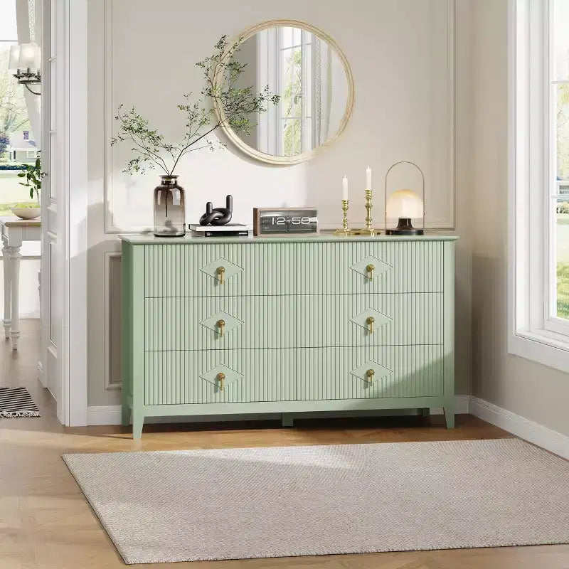 6 Drawer Dresser for Bedroom, 54W Wooden Chest of Drawers with Metal Handles, Fluted Clothes Storage Organizer, Dresser TV Stand for Hallway