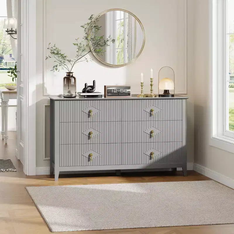 6 Drawer Dresser for Bedroom, 54W Wooden Chest of Drawers with Metal Handles, Fluted Clothes Storage Organizer, Dresser TV Stand for Hallway
