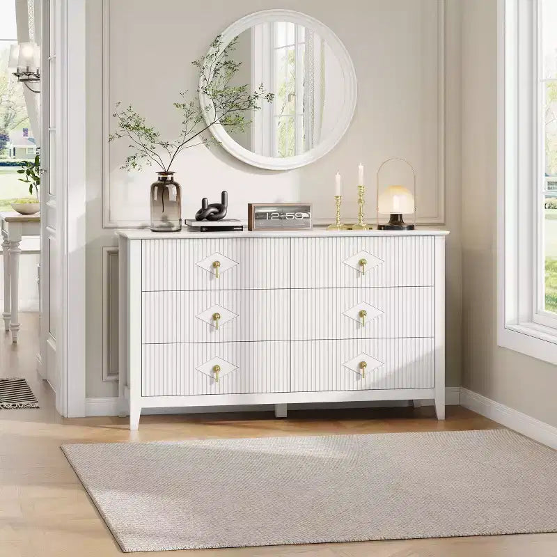 6 Drawer Dresser for Bedroom, 54W Wooden Chest of Drawers with Metal Handles, Fluted Clothes Storage Organizer, Dresser TV Stand for Hallway