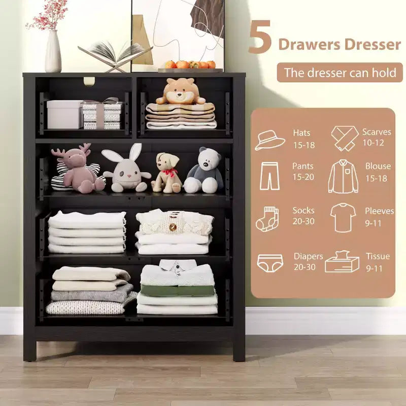 5 Drawer Dresser, Modern Dresser Organizer with Storage Drawers, Wooden Chests of Drawers for Bedroom, Entryway, Hallway