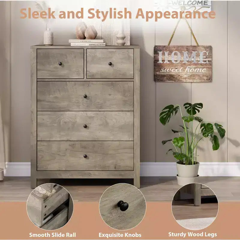 5 Drawer Dresser, Modern Dresser Organizer with Storage Drawers, Wooden Chests of Drawers for Bedroom, Entryway, Hallway