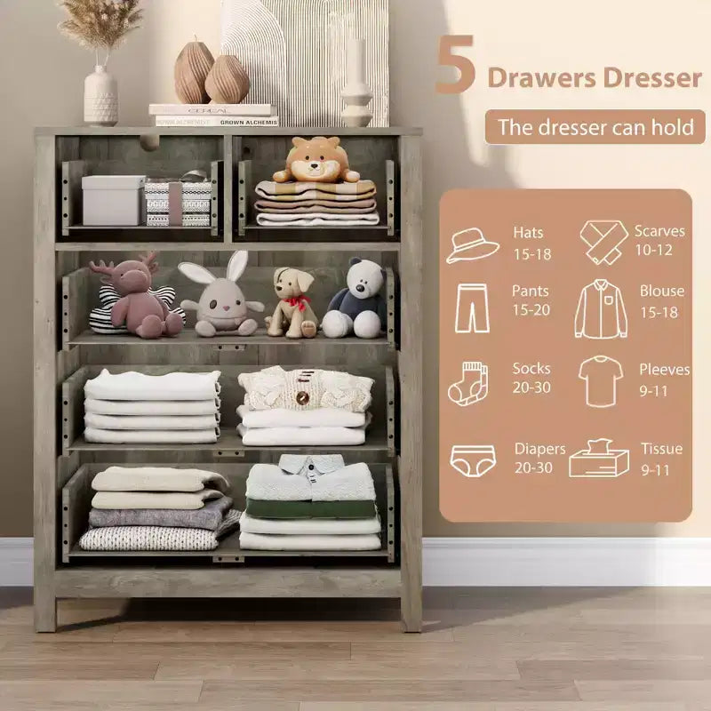 5 Drawer Dresser, Modern Dresser Organizer with Storage Drawers, Wooden Chests of Drawers for Bedroom, Entryway, Hallway