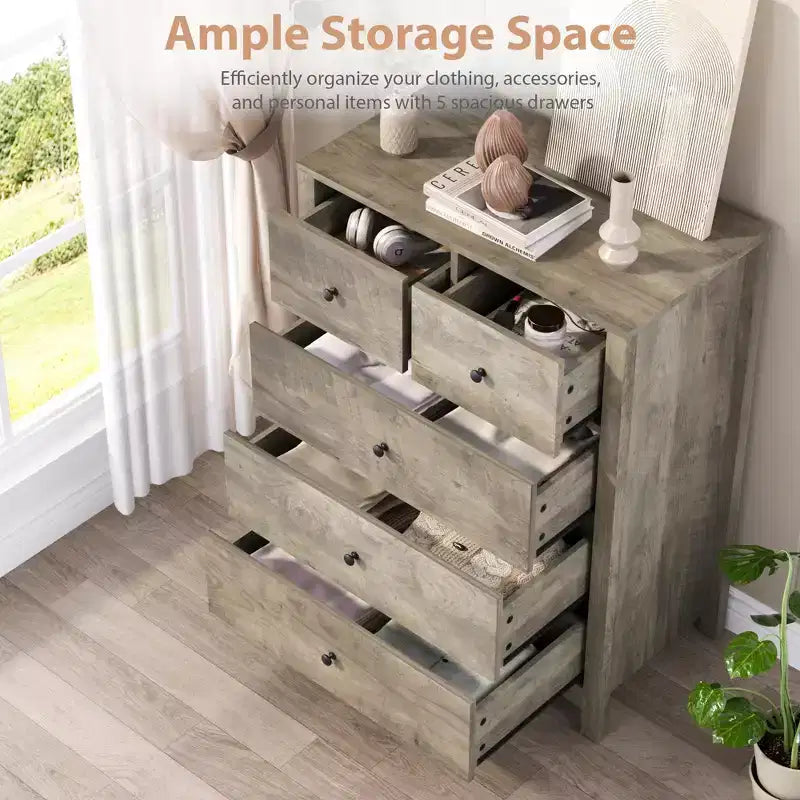 5 Drawer Dresser, Modern Dresser Organizer with Storage Drawers, Wooden Chests of Drawers for Bedroom, Entryway, Hallway