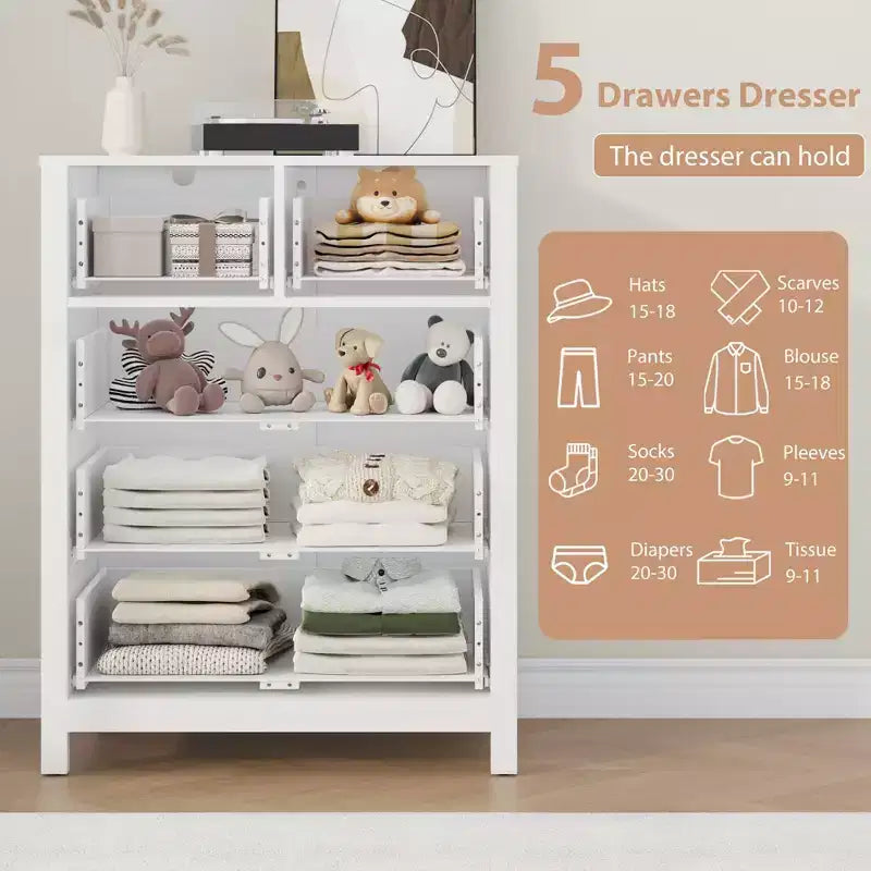5 Drawer Dresser, Modern Dresser Organizer with Storage Drawers, Wooden Chests of Drawers for Bedroom, Entryway, Hallway