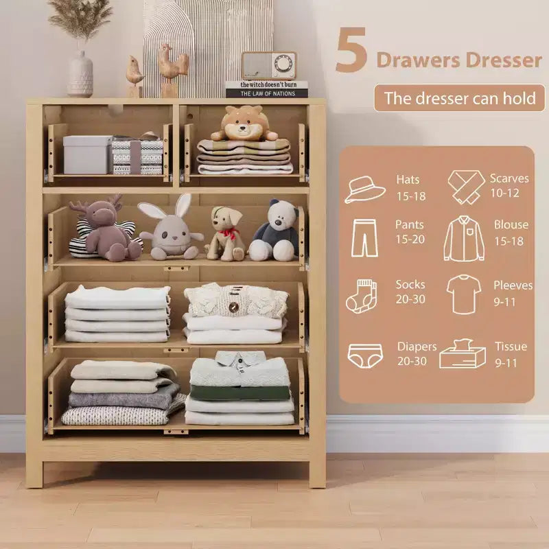 5 Drawer Dresser, Modern Dresser Organizer with Storage Drawers, Wooden Chests of Drawers for Bedroom, Entryway, Hallway