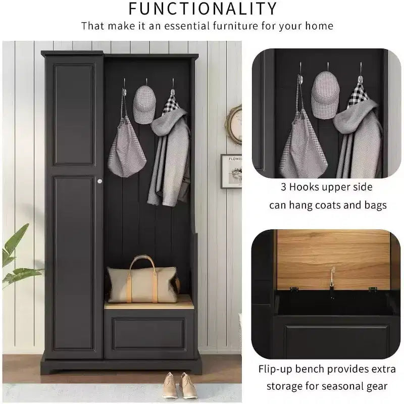 Minimalist Hallway Shoe Cabinet with Flip-Top Bench, Multi-Functional Entryway Furniture,Adjustable Shelves & Entry Hooks