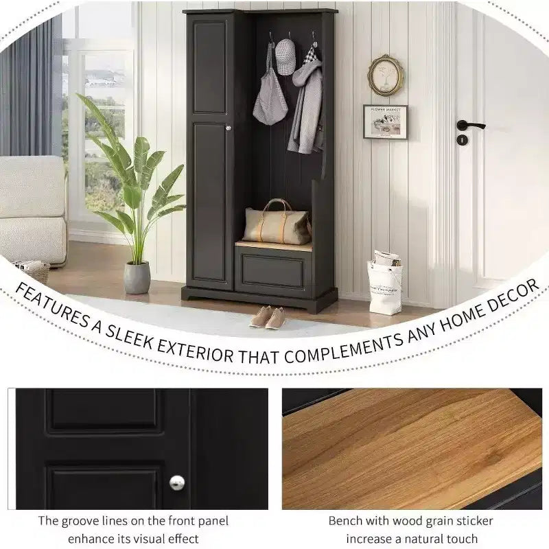 Minimalist Hallway Shoe Cabinet with Flip-Top Bench, Multi-Functional Entryway Furniture,Adjustable Shelves & Entry Hooks