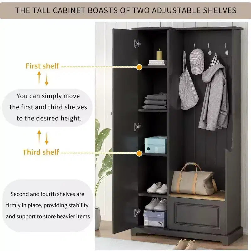 Minimalist Hallway Shoe Cabinet with Flip-Top Bench, Multi-Functional Entryway Furniture,Adjustable Shelves & Entry Hooks
