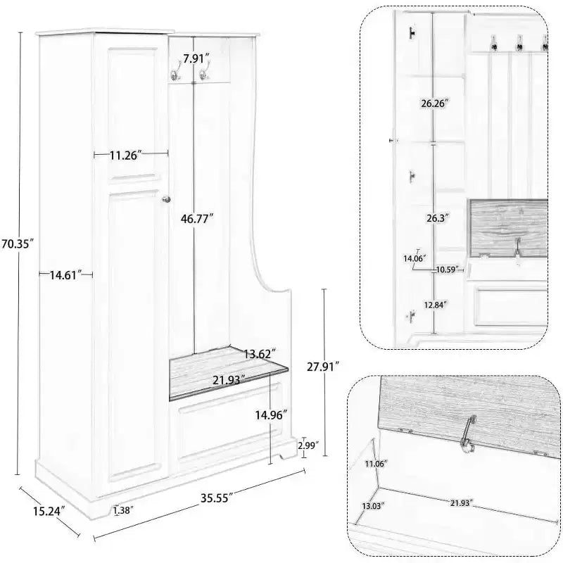 Minimalist Hallway Shoe Cabinet with Flip-Top Bench, Multi-Functional Entryway Furniture,Adjustable Shelves & Entry Hooks