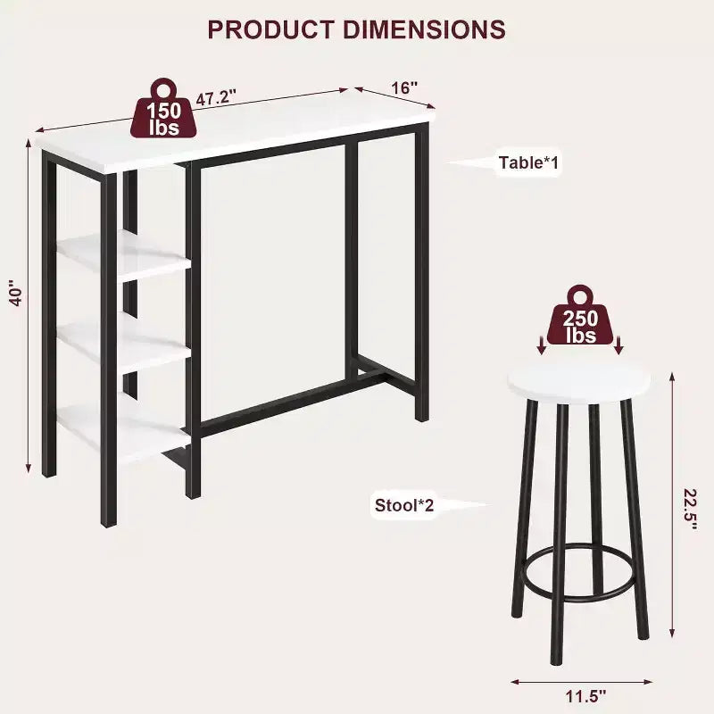 Acekool 2-Person Bistro Set - Space-Saving Table w/3 Storage Shelves