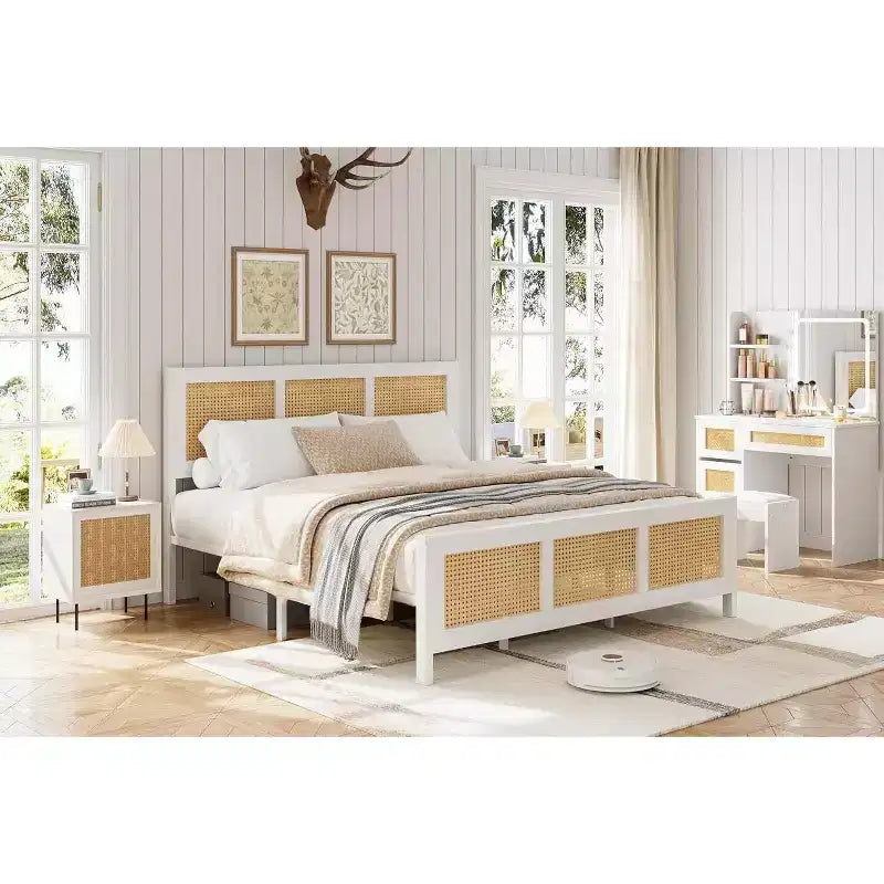 Coolmee King Size Rattan Bed Frame with Headboard, Boho Cane Platform Bed Frame with Strong Metal Slat, Noise Free, No Box Spring Needed
